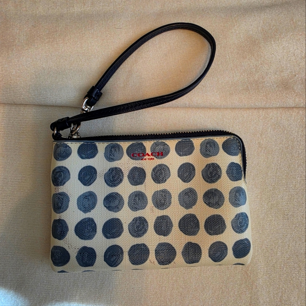 Coach Dot Pattern Wristlet in Denim Blue and Cream With Navy Leather Strap